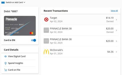 screenshot of Debit Card Center